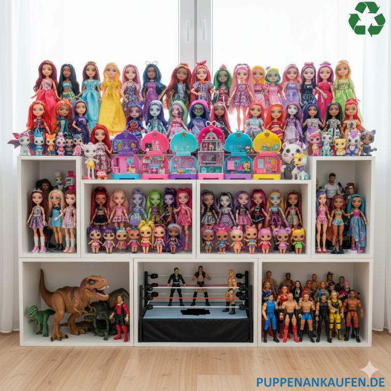 Eine große Sammlung verschiedener Puppen und Actionfiguren auf weißen Regalen. Zu sehen sind Barbie-Puppen (darunter Barbie, Ken, Skipper), 