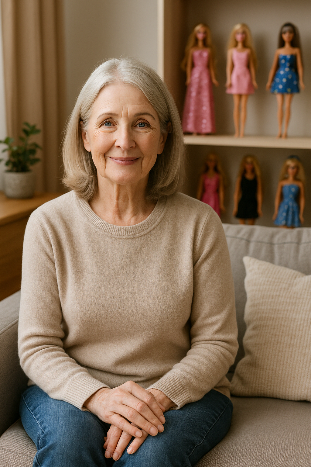 Wohnzimmer mit Barbie-Puppen im Regal – vertrauenswürdige private Sammlung